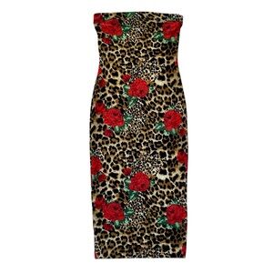 DNA Couture Leopard Print Strapless Midi Dress with Red Rose Accents - Medium